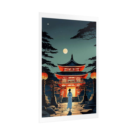 Moonlit Lantern Gate Temple Night poster – side angle example watercolor wall art print