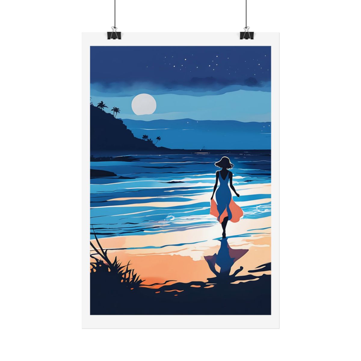 Moonlit Shores tropical moon beach poster – hanging example watercolor wall art print
