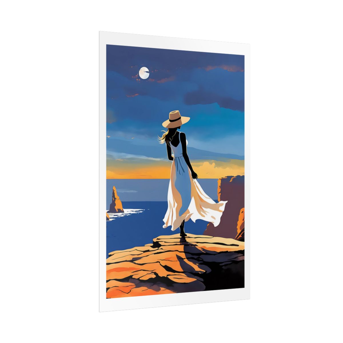Moonrise on the Cliffs twilight cliffs poster – side angle example watercolor wall art print