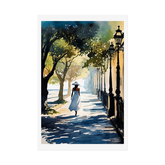 Morning Promenade European street poster – front view watercolor wall art print
