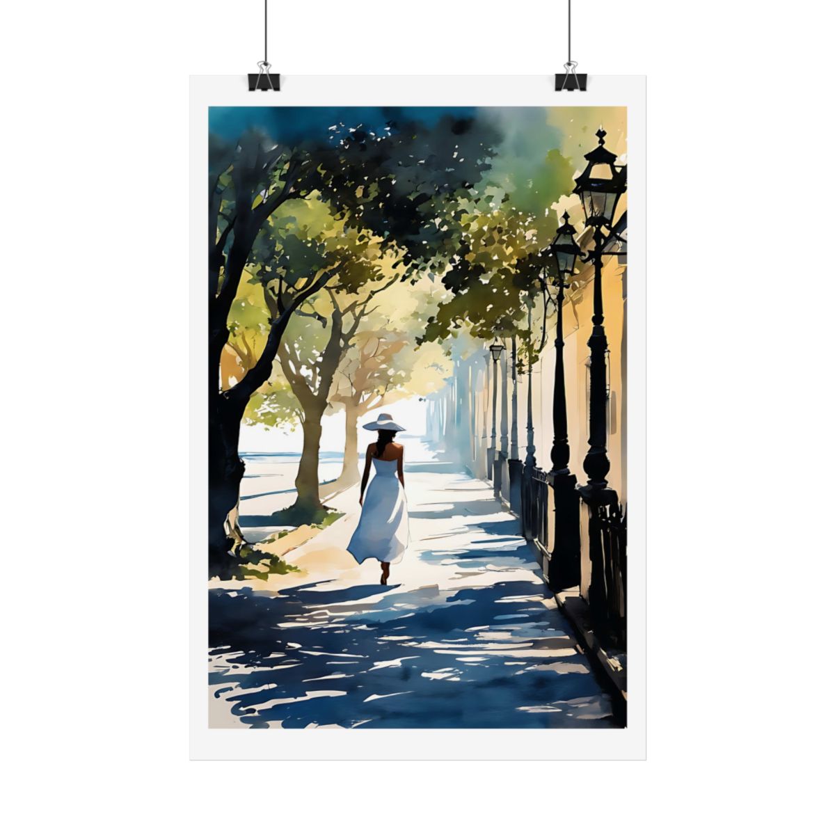 Morning Promenade European street poster – hanging example watercolor wall art print