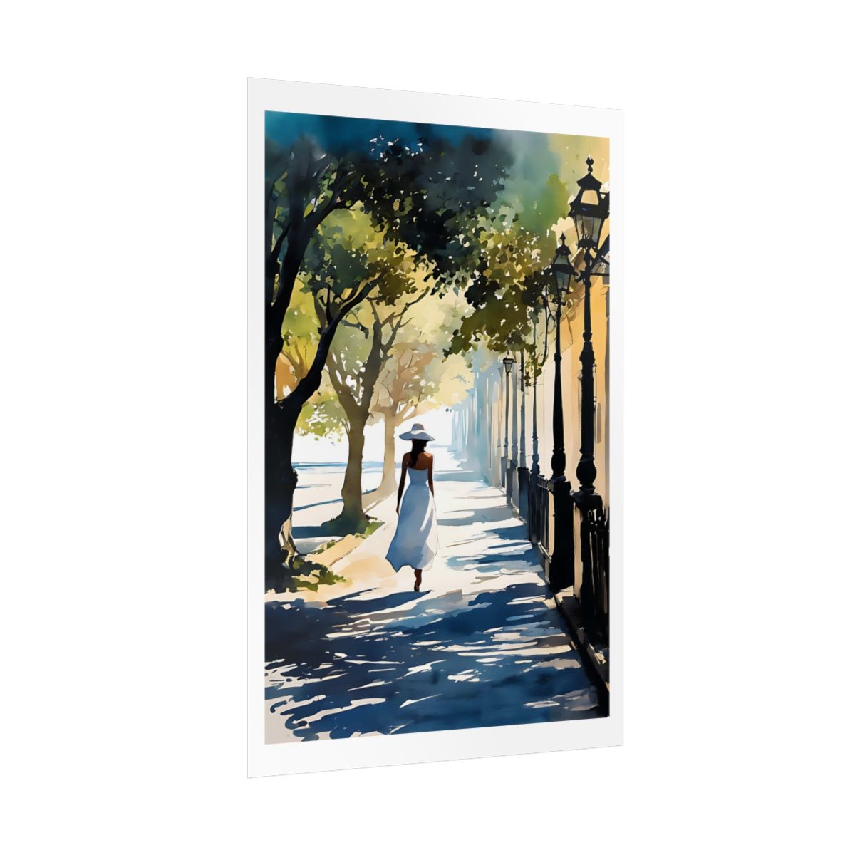 Morning Promenade European street poster – side angle example watercolor wall art print
