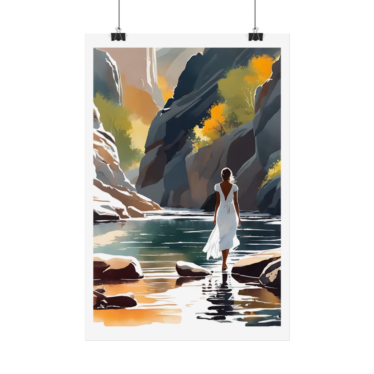Mountain Stream autumn gorge poster – hanging example watercolor wall art print
