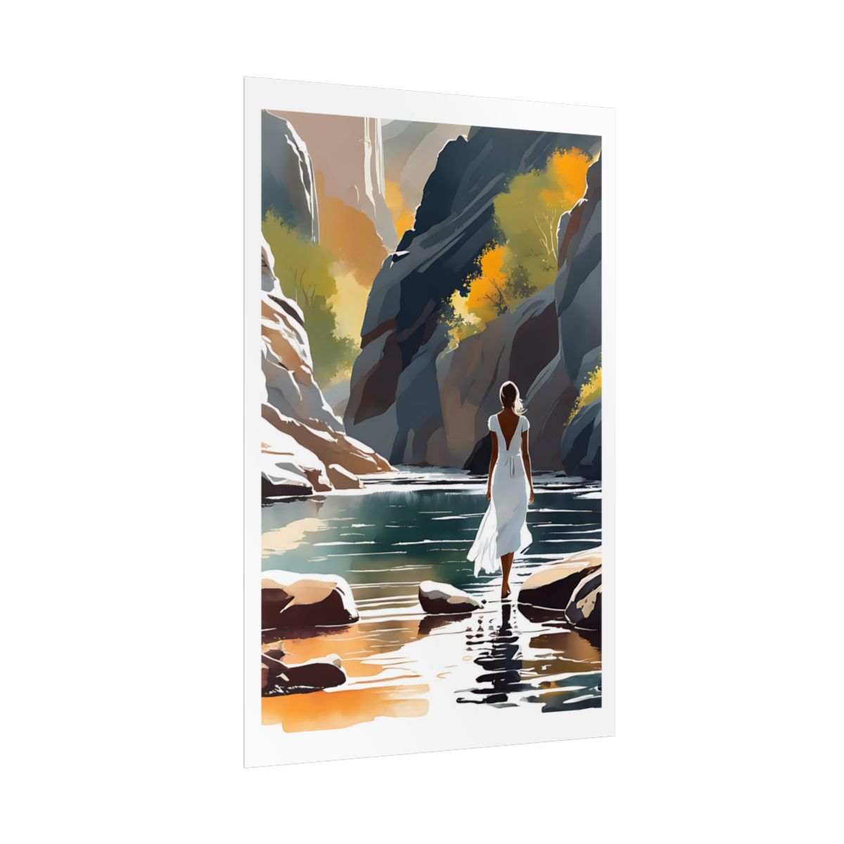 Mountain Stream autumn gorge poster – side angle example watercolor wall art print