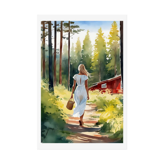 Nordic Summer Cottage forest retreat poster – front view watercolor wall art print