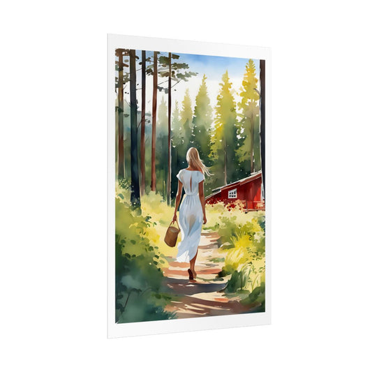 Nordic Summer Cottage forest retreat poster – side angle example watercolor wall art print