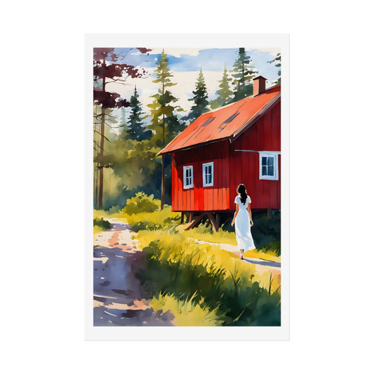 Nordic Summer Cottage Swedish cabin poster – front view watercolor wall art print