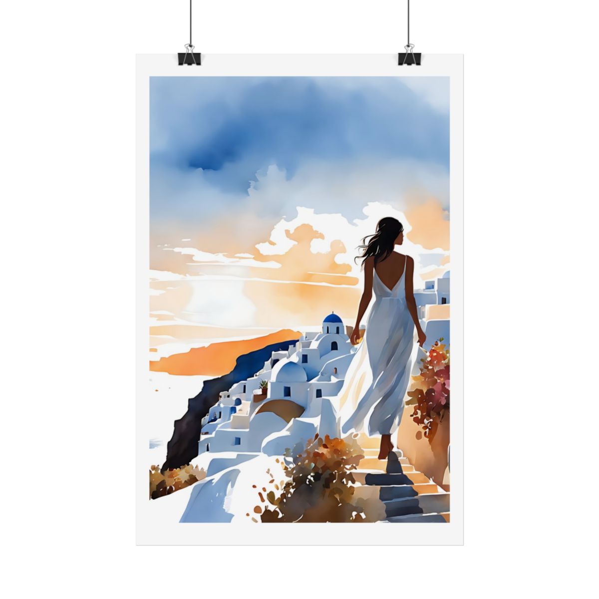 Oia Golden Hour Santorini sunset poster – hanging example watercolor wall art print