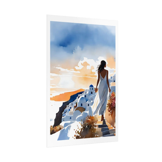 Oia Golden Hour Santorini sunset poster – side angle example watercolor wall art print