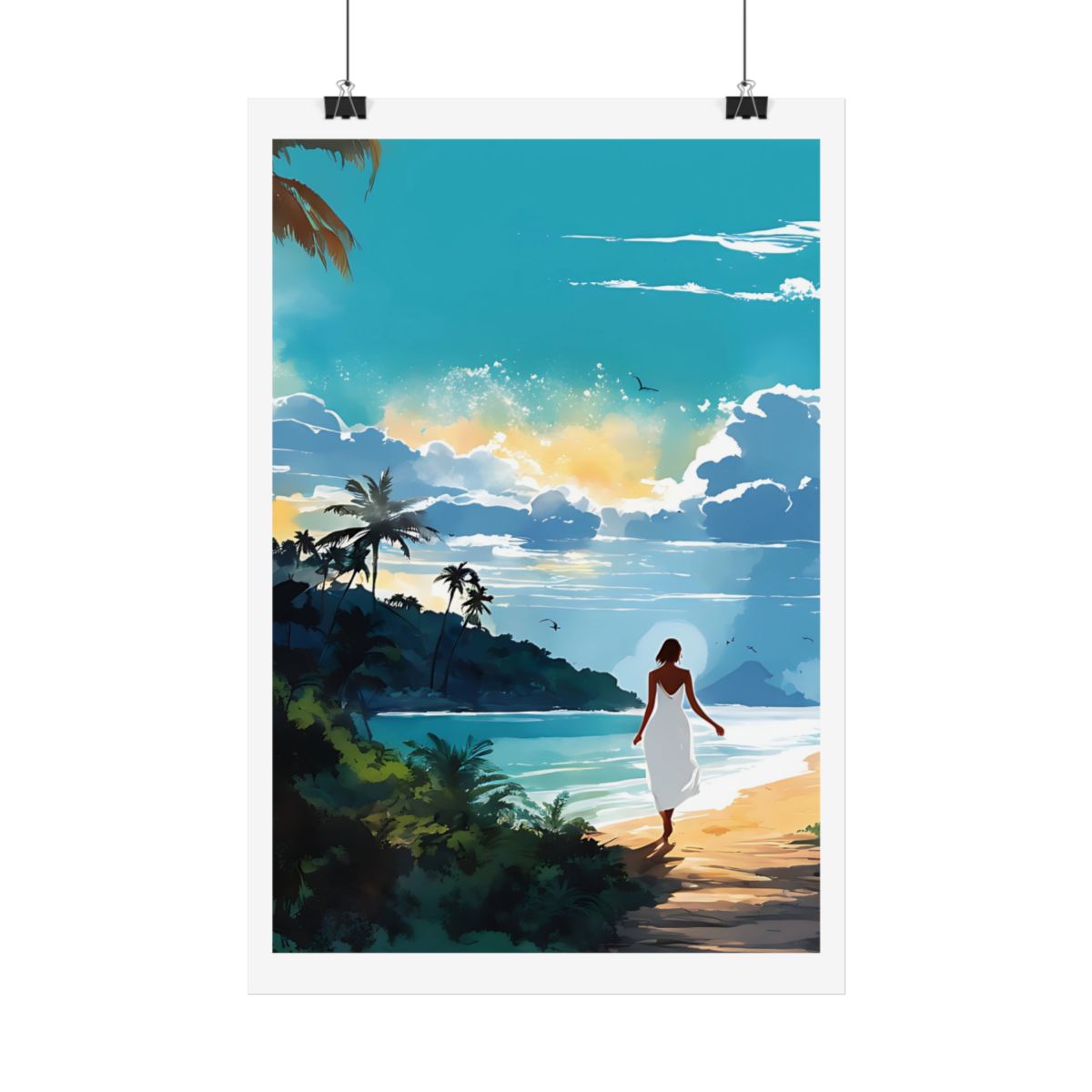 Paradise Found island horizon poster – hanging example watercolor wall art print