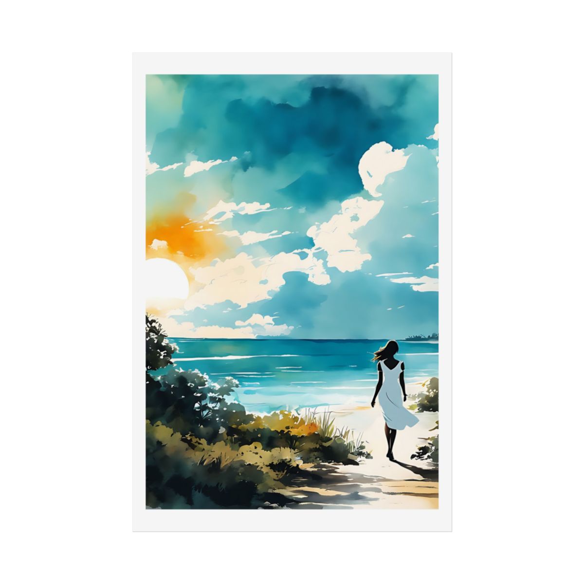 Paradise Found tropical beach path poster – front view watercolor wall art print