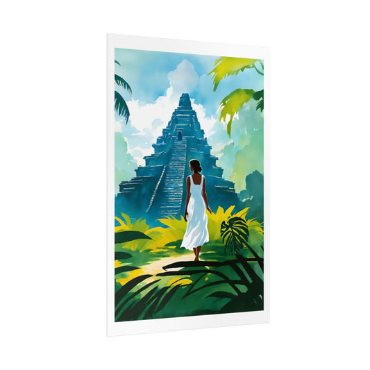 Path to the Ancient Pyramid jungle temple poster – side angle example watercolor wall art print
