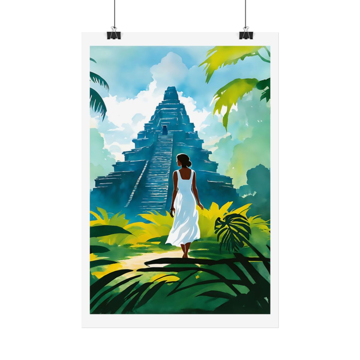 Path to the Ancient Pyramid jungle temple poster – hanging example watercolor wall art print