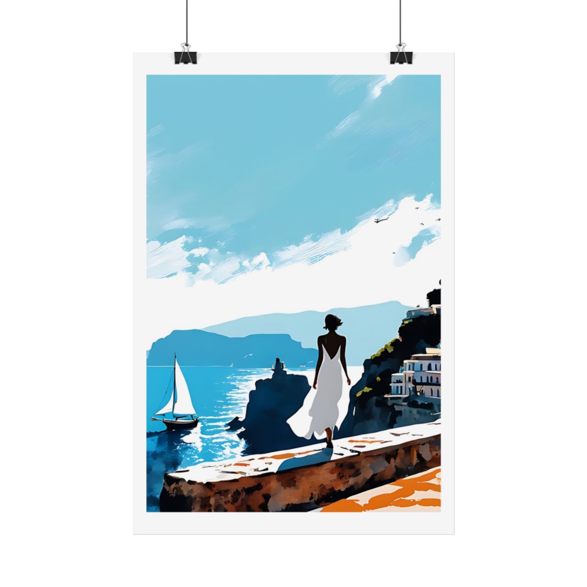 Positano Lamplight Italian village poster – hanging example watercolor wall art print