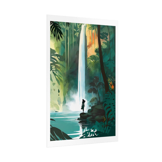 Rainforest Retreat jungle waterfall poster – side angle example watercolor wall art print