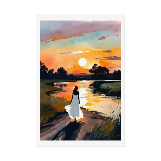 River Sunset countryside twilight poster – front view watercolor wall art print