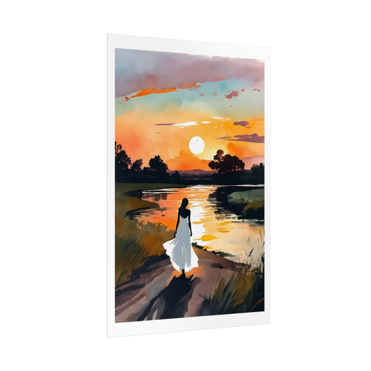 River Sunset countryside twilight poster – side angle example watercolor wall art print