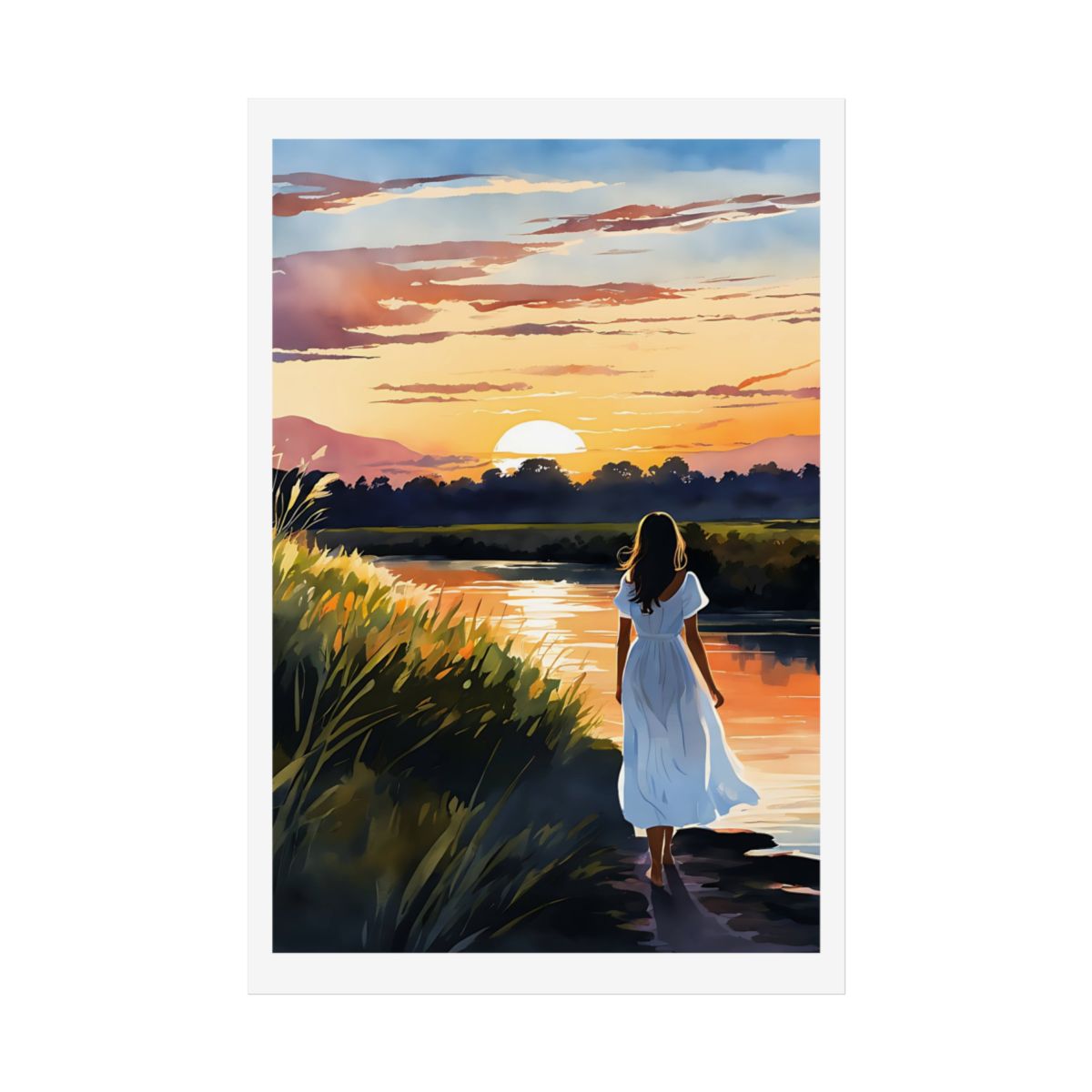 Riverside Sunset golden hour poster – front view watercolor wall art print