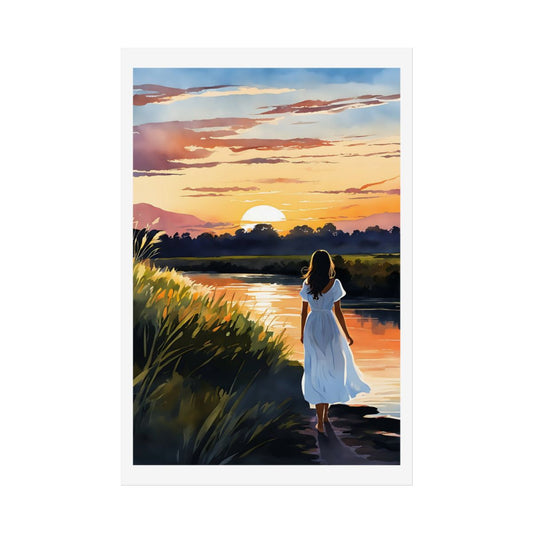 Riverside Sunset golden hour poster – front view watercolor wall art print