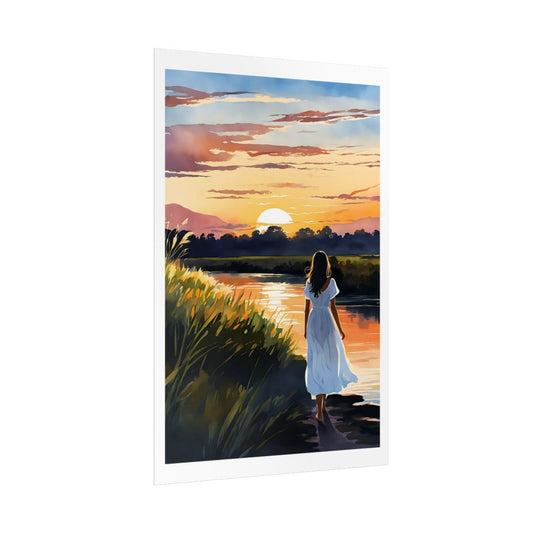 Riverside Sunset golden hour poster – side angle example watercolor wall art print