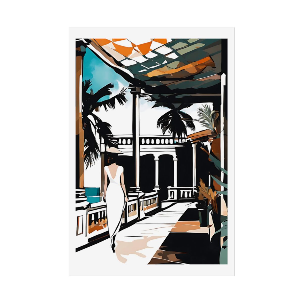 Riviera Terrace art deco resort poster – front view watercolor wall art print