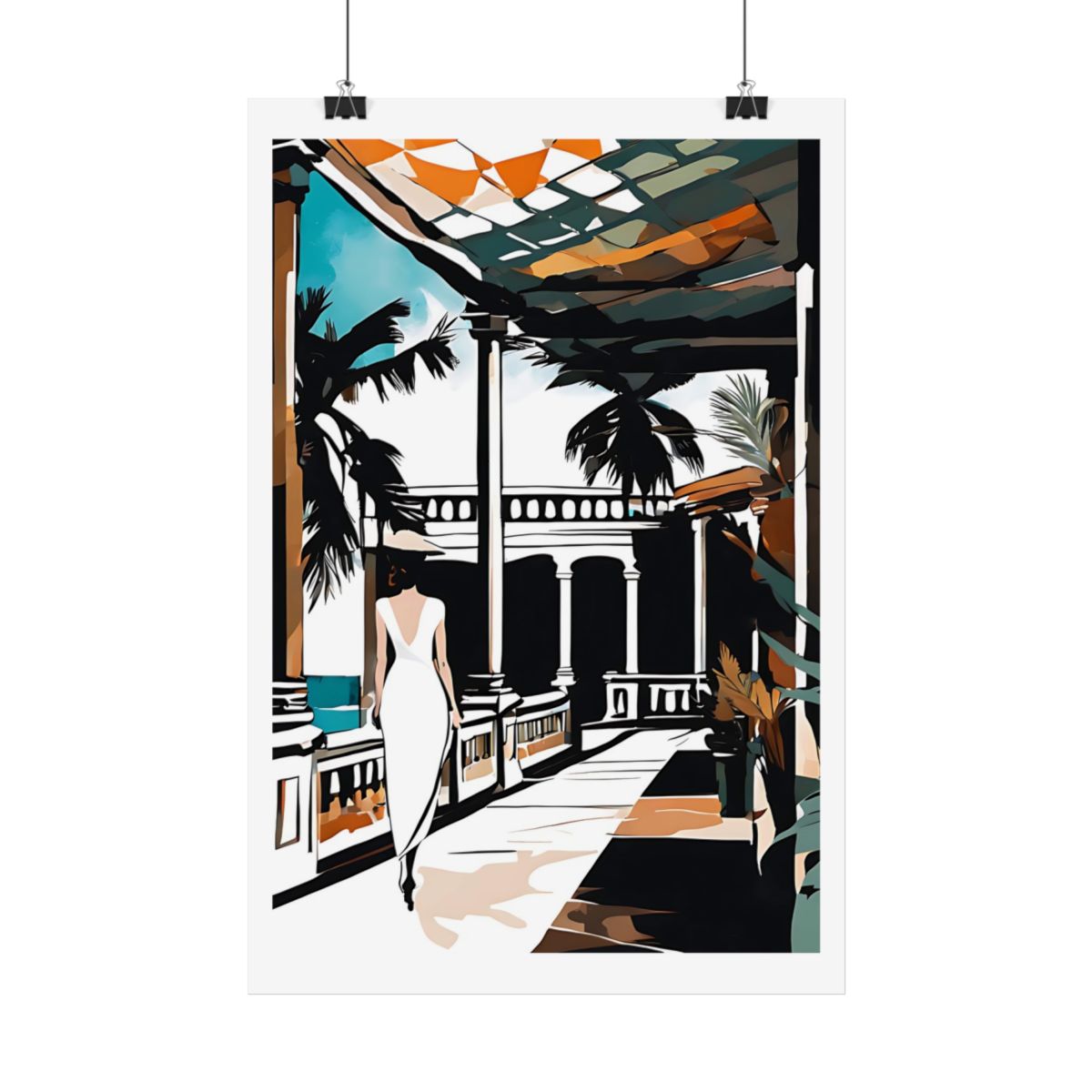 Riviera Terrace art deco resort poster – hanging example watercolor wall art print