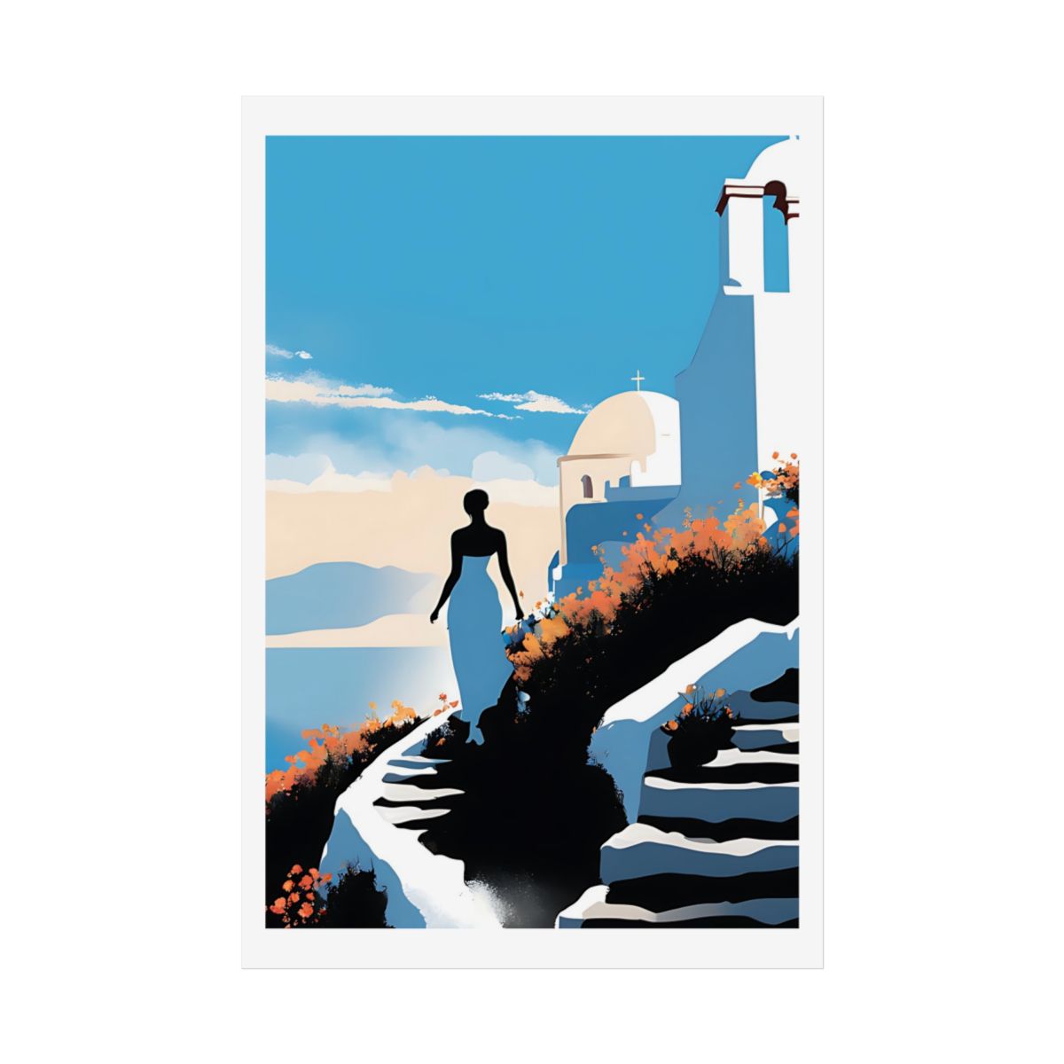 Santorini Bell Tower Greek church poster – front view watercolor wall art print