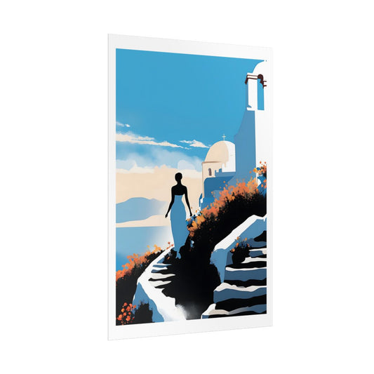 Santorini Bell Tower Greek church poster – side angle example watercolor wall art print