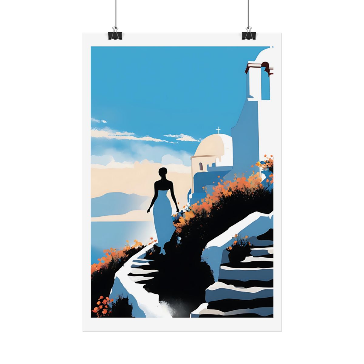 Santorini Bell Tower Greek church poster – hanging example watercolor wall art print