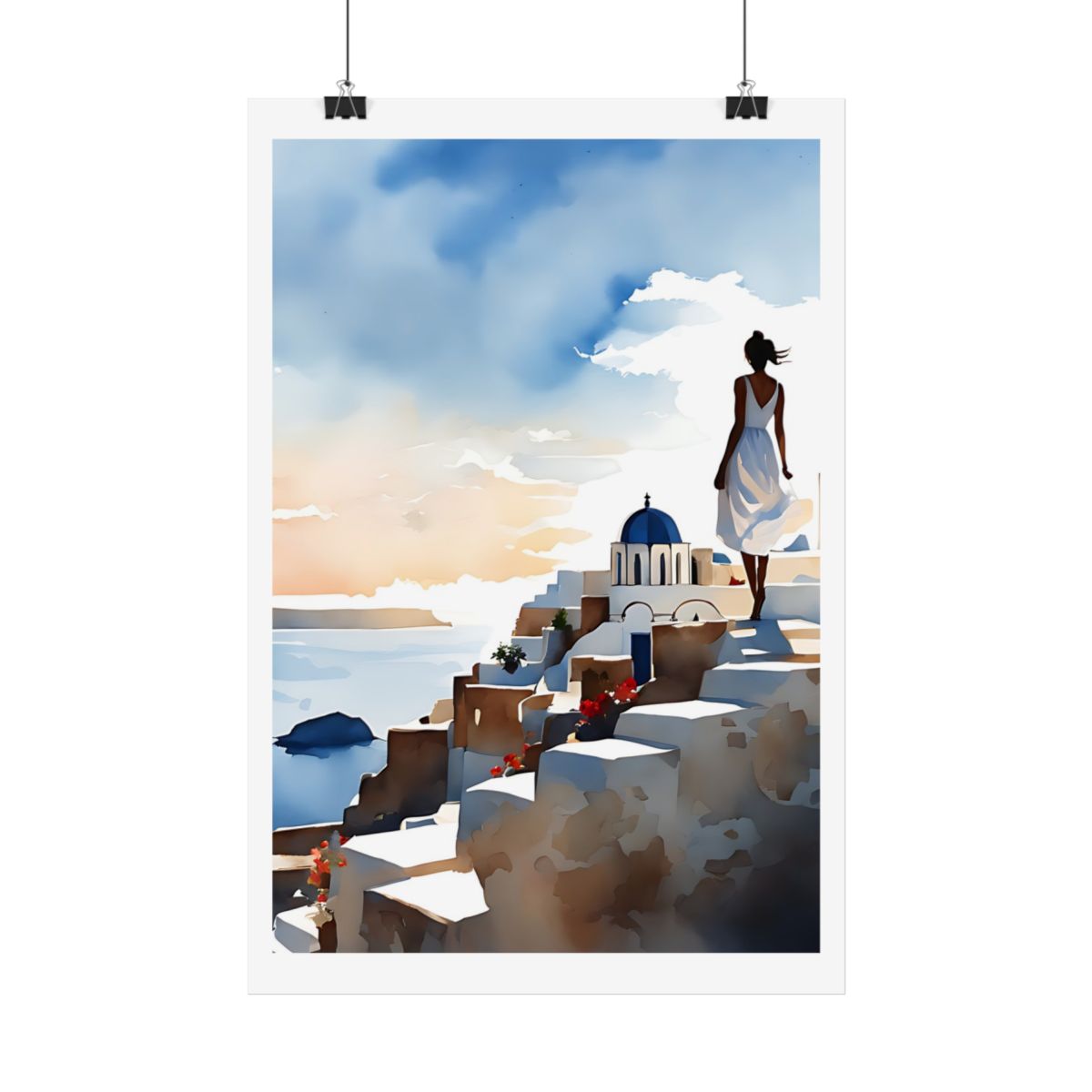 Santorini Sunset Steps Greek island poster – hanging example watercolor wall art print
