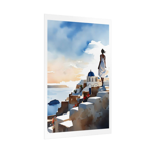 Santorini Sunset Steps Greek island poster – side angle example watercolor wall art print