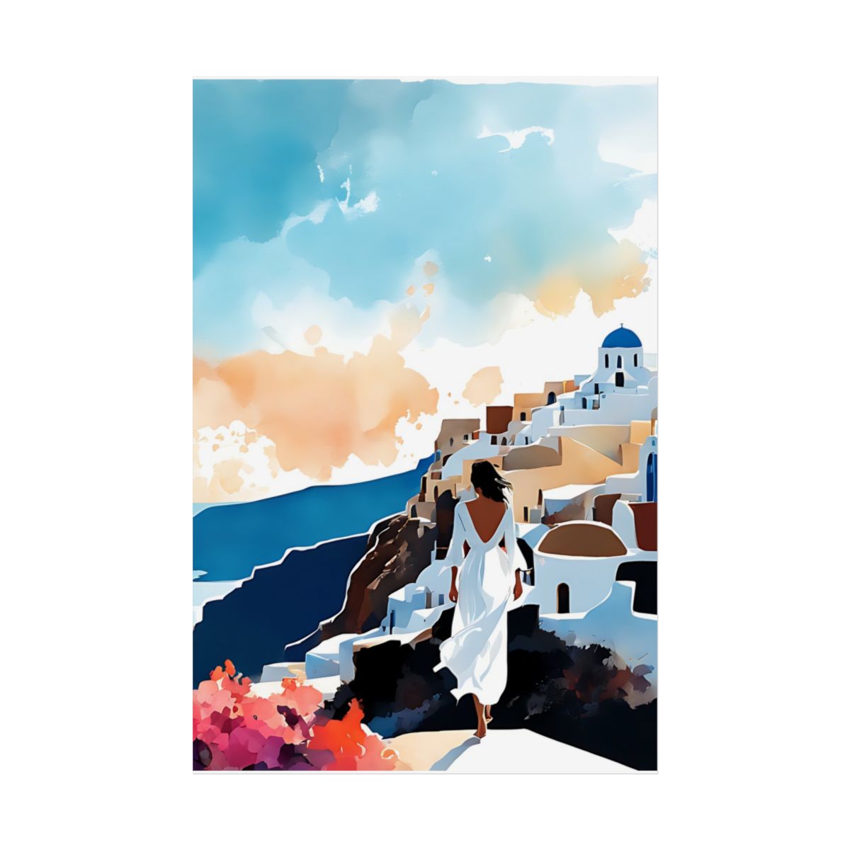 Santorini Sunset Stroll Mediterranean Sea poster – front view watercolor wall art print