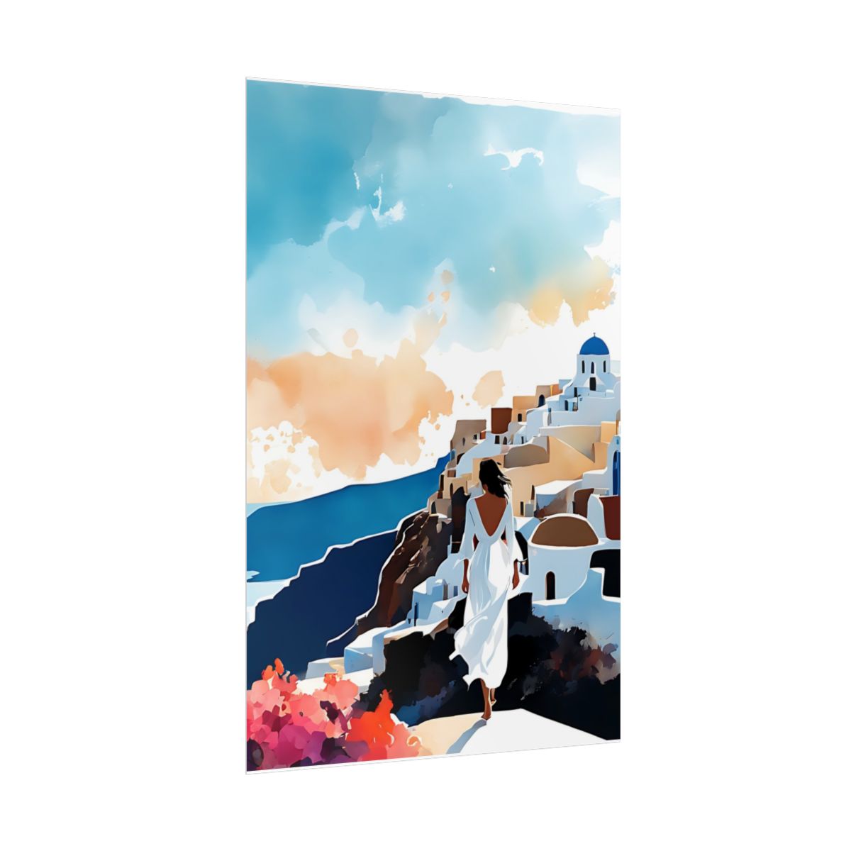 Santorini Sunset Stroll Mediterranean Sea poster – side angle example watercolor wall art print