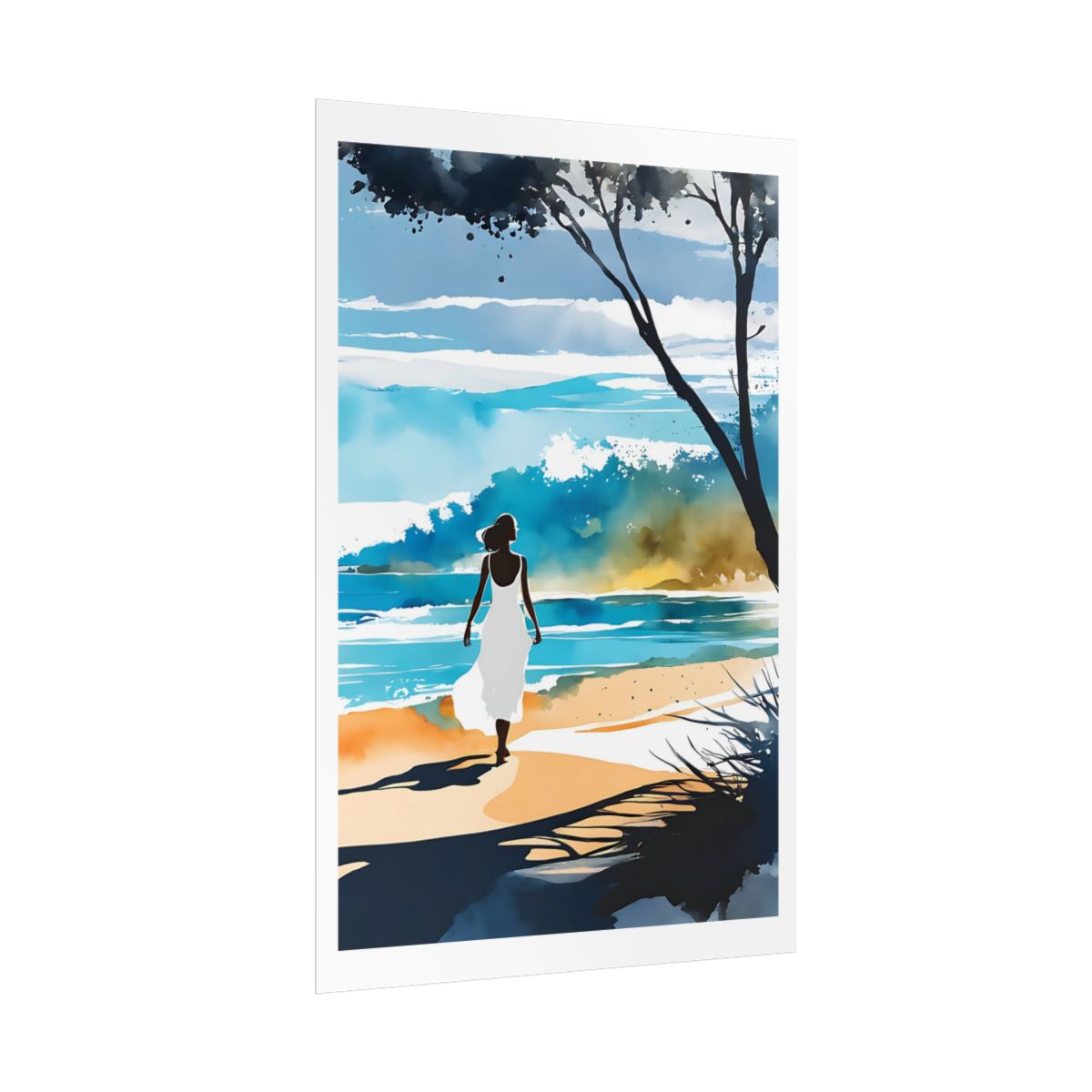 Sea Breeze Solitude shoreline poster – side angle example watercolor wall art print