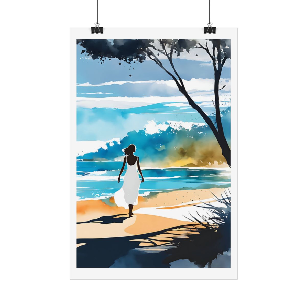 Sea Breeze Solitude shoreline poster – hanging example watercolor wall art print