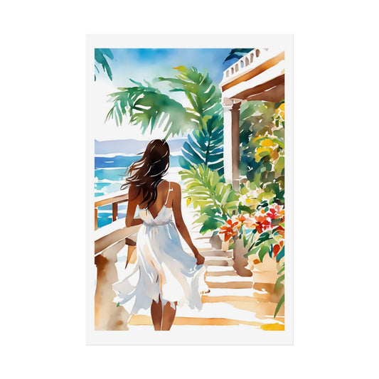Seaside Steps tropical villa poster – front view watercolor wall art print