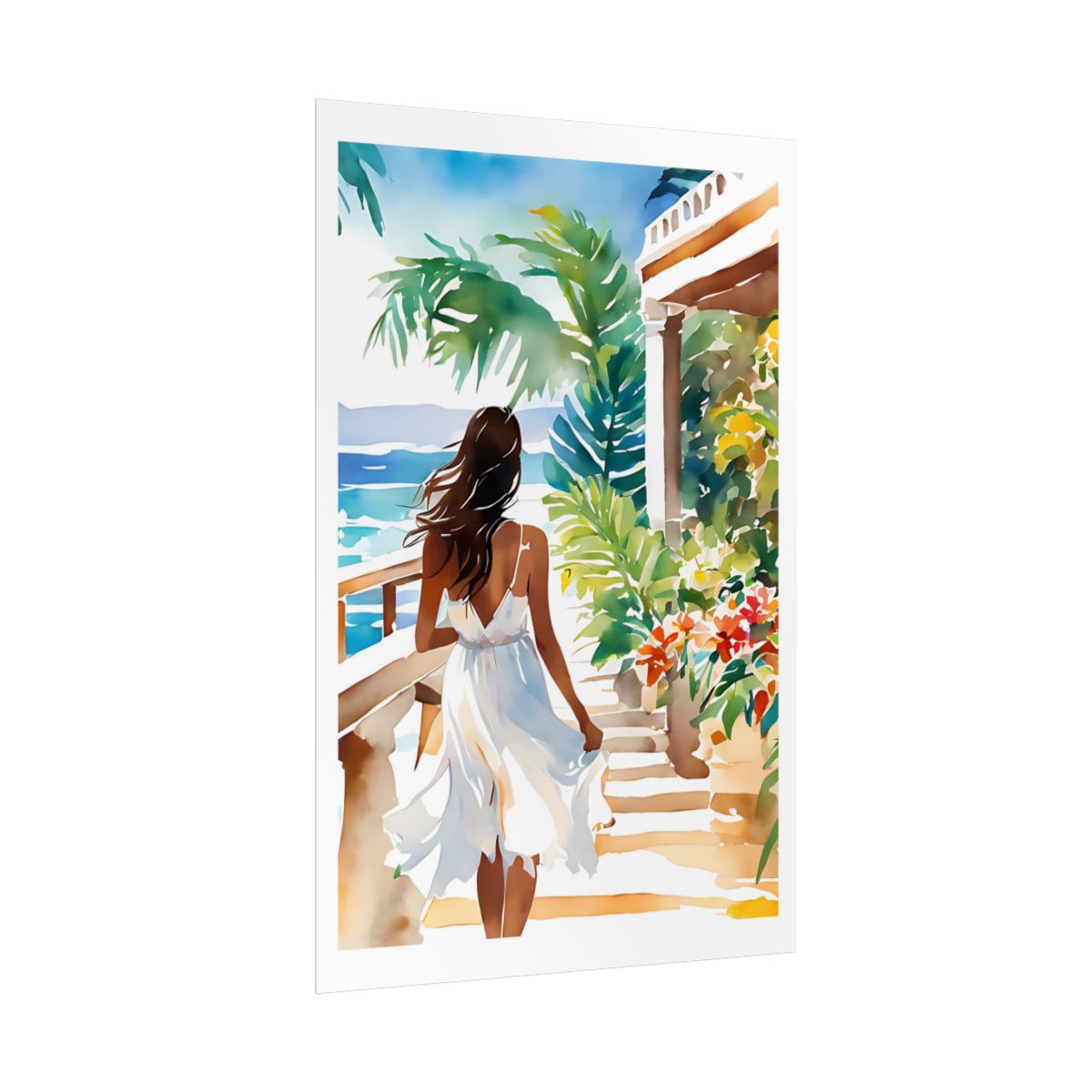 Seaside Steps tropical villa poster – side angle example watercolor wall art print