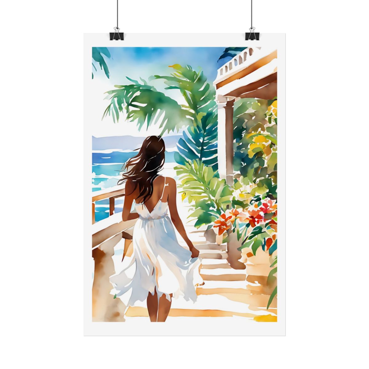 Seaside Steps tropical villa poster – hanging example watercolor wall art print