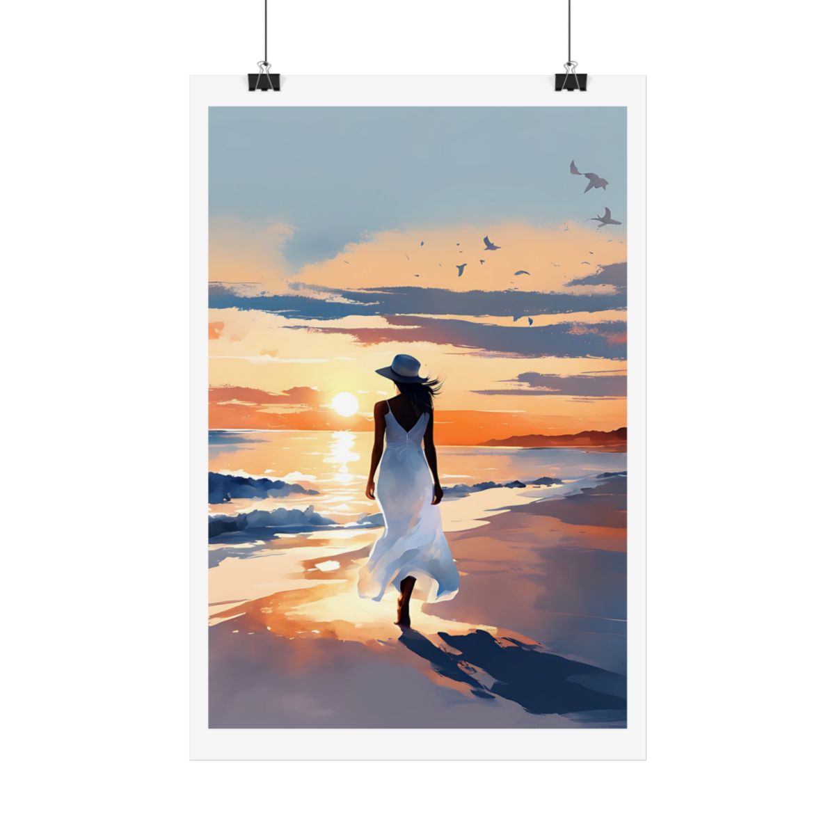 Seaside Sunset golden beach poster – hanging example watercolor wall art print