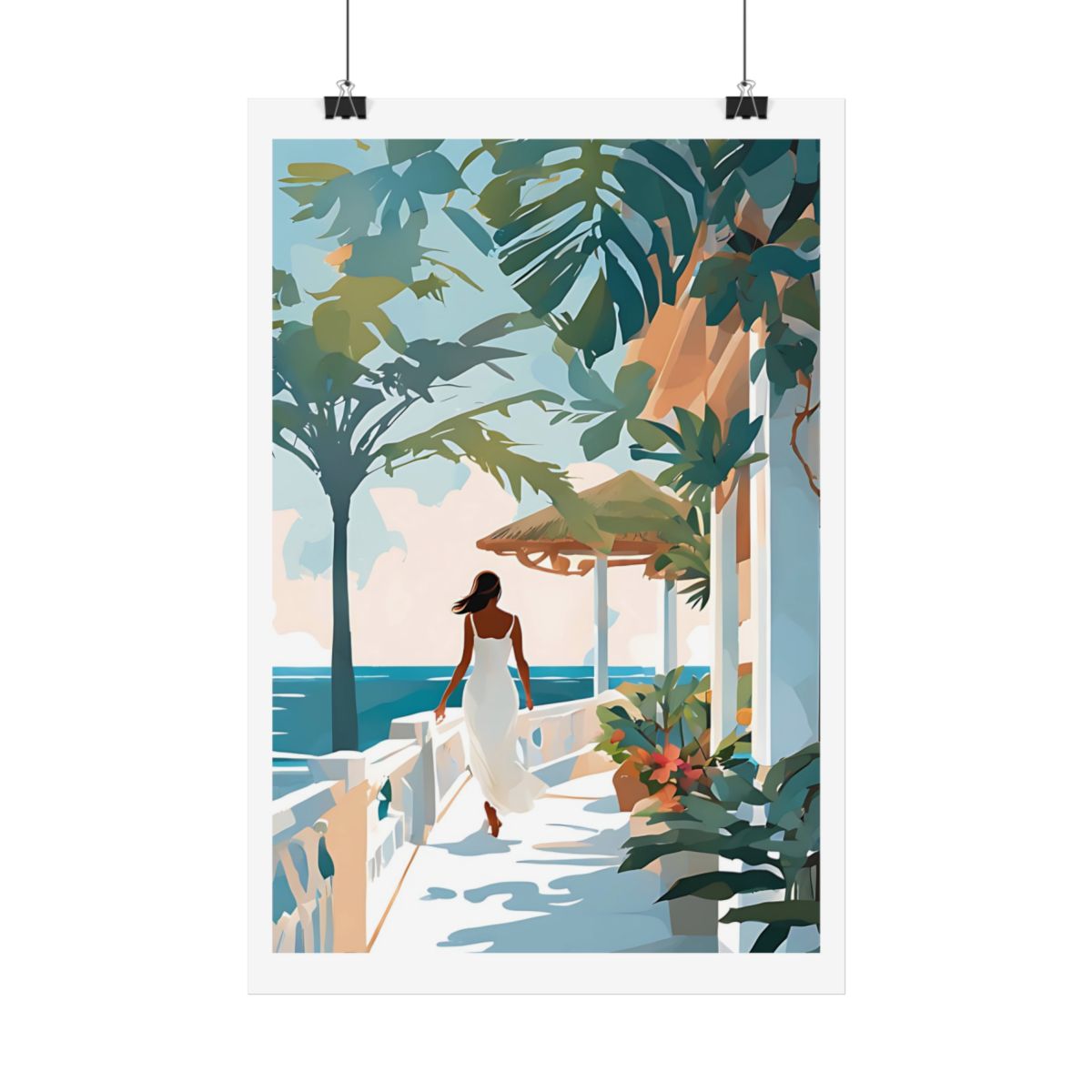 Seaside Terrace resort balcony poster – hanging example watercolor wall art print