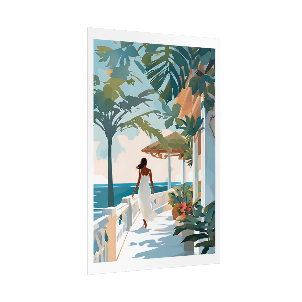 Seaside Terrace resort balcony poster – side angle example watercolor wall art print
