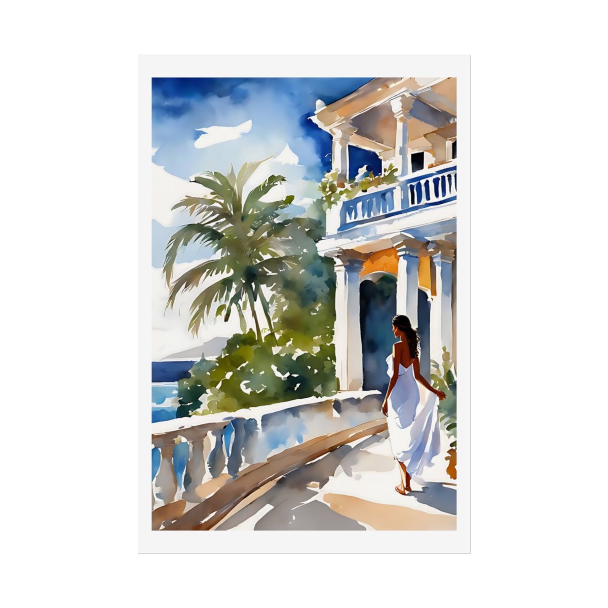 Seaside Villa coastal home poster – front view watercolor wall art print