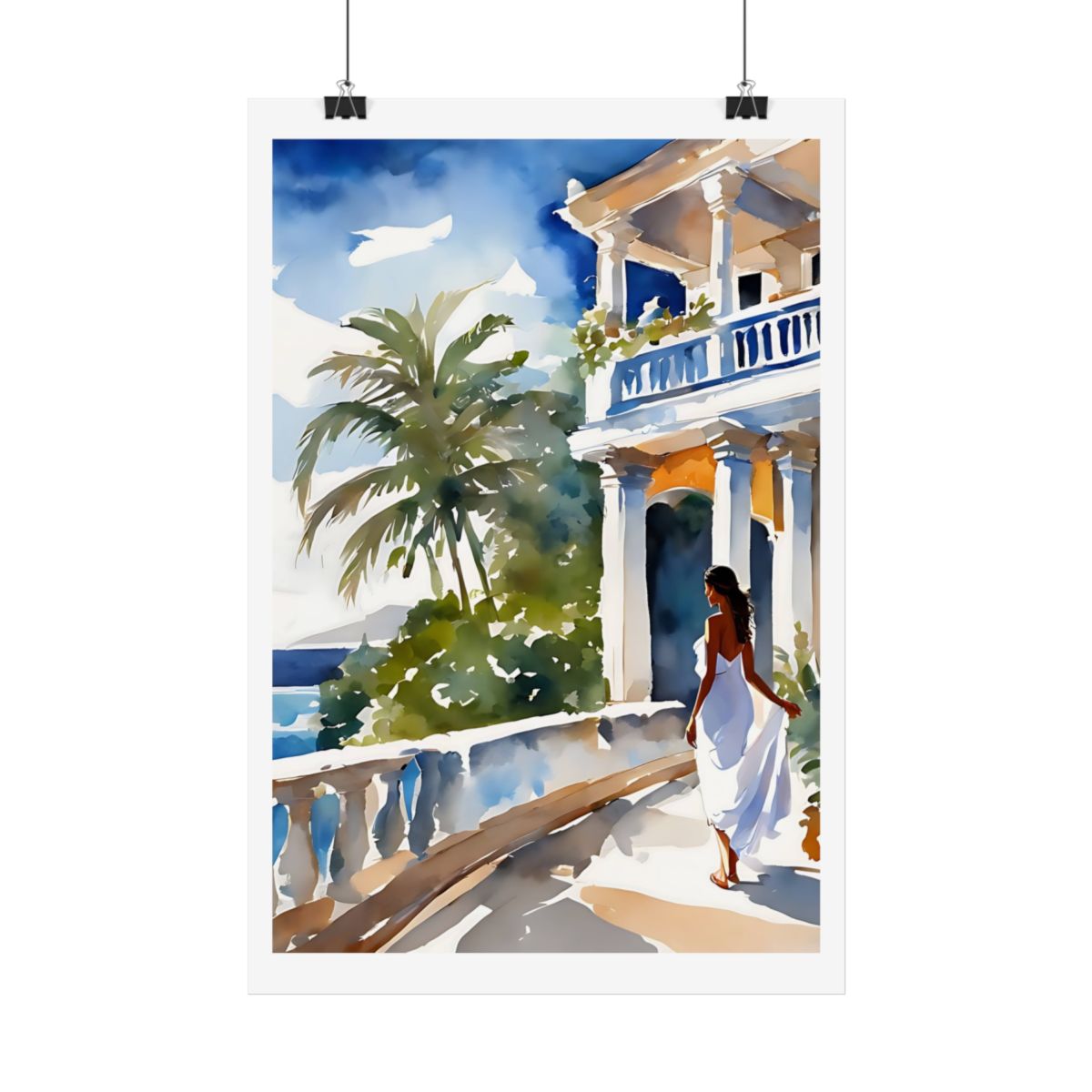Seaside Villa coastal home poster – hanging example watercolor wall art print