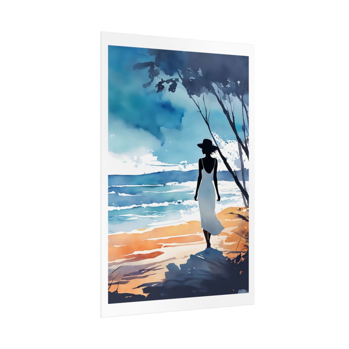 Shelter by the Shore sandy beach poster – side angle example watercolor wall art print