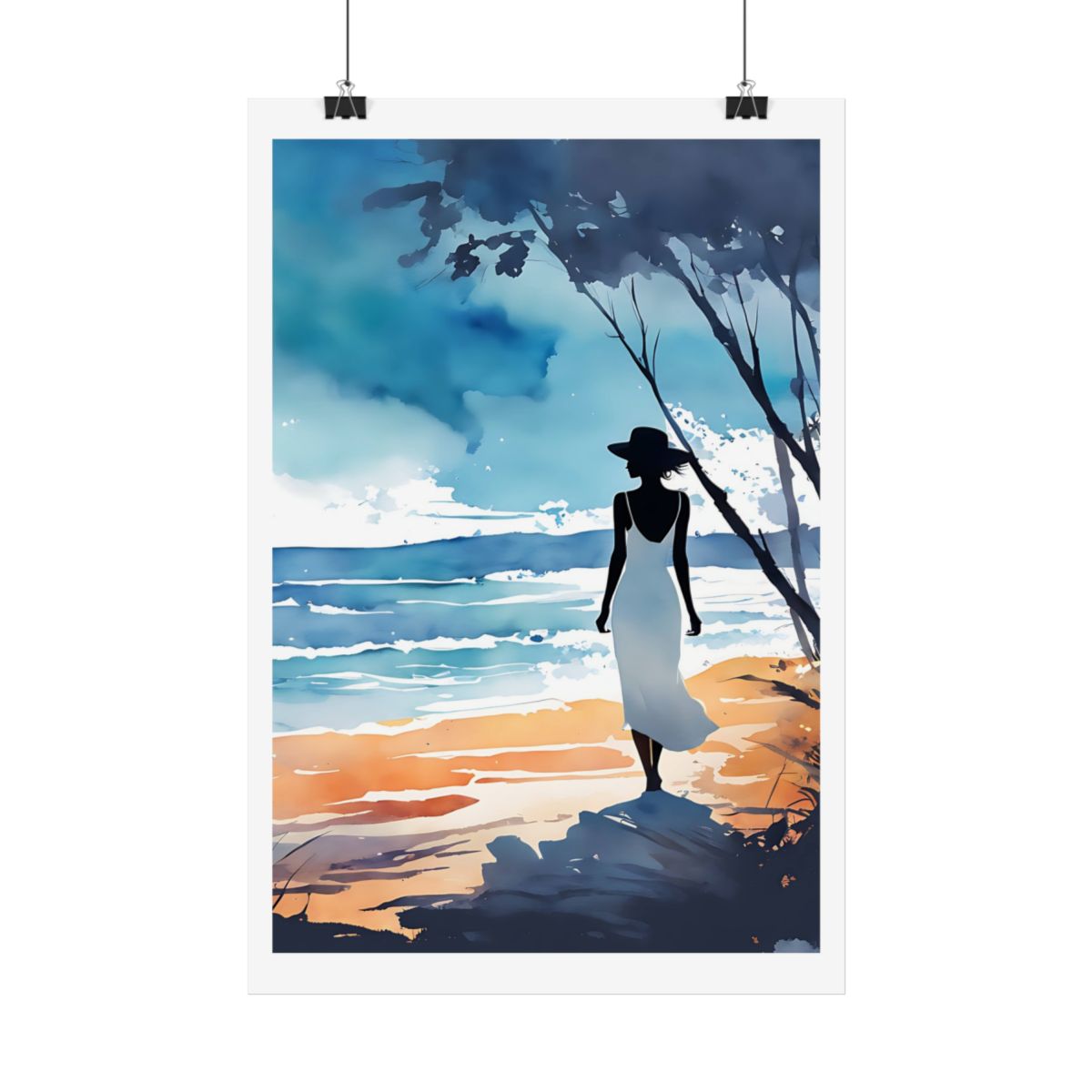Shelter by the Shore sandy beach poster – hanging example watercolor wall art print