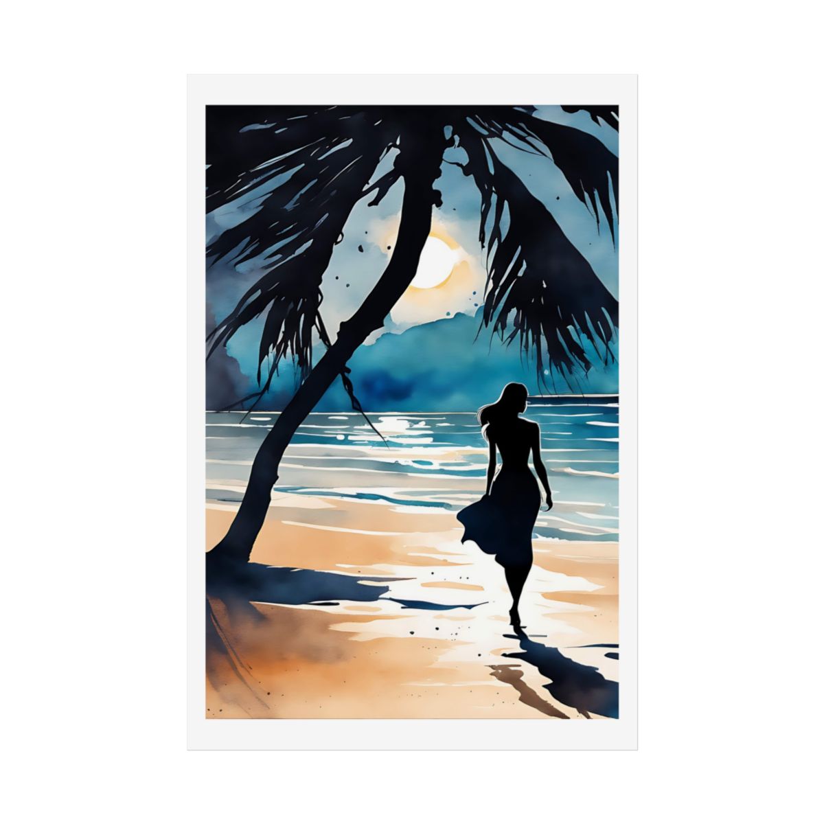 Silent Longing beach sunset poster – front view watercolor wall art print