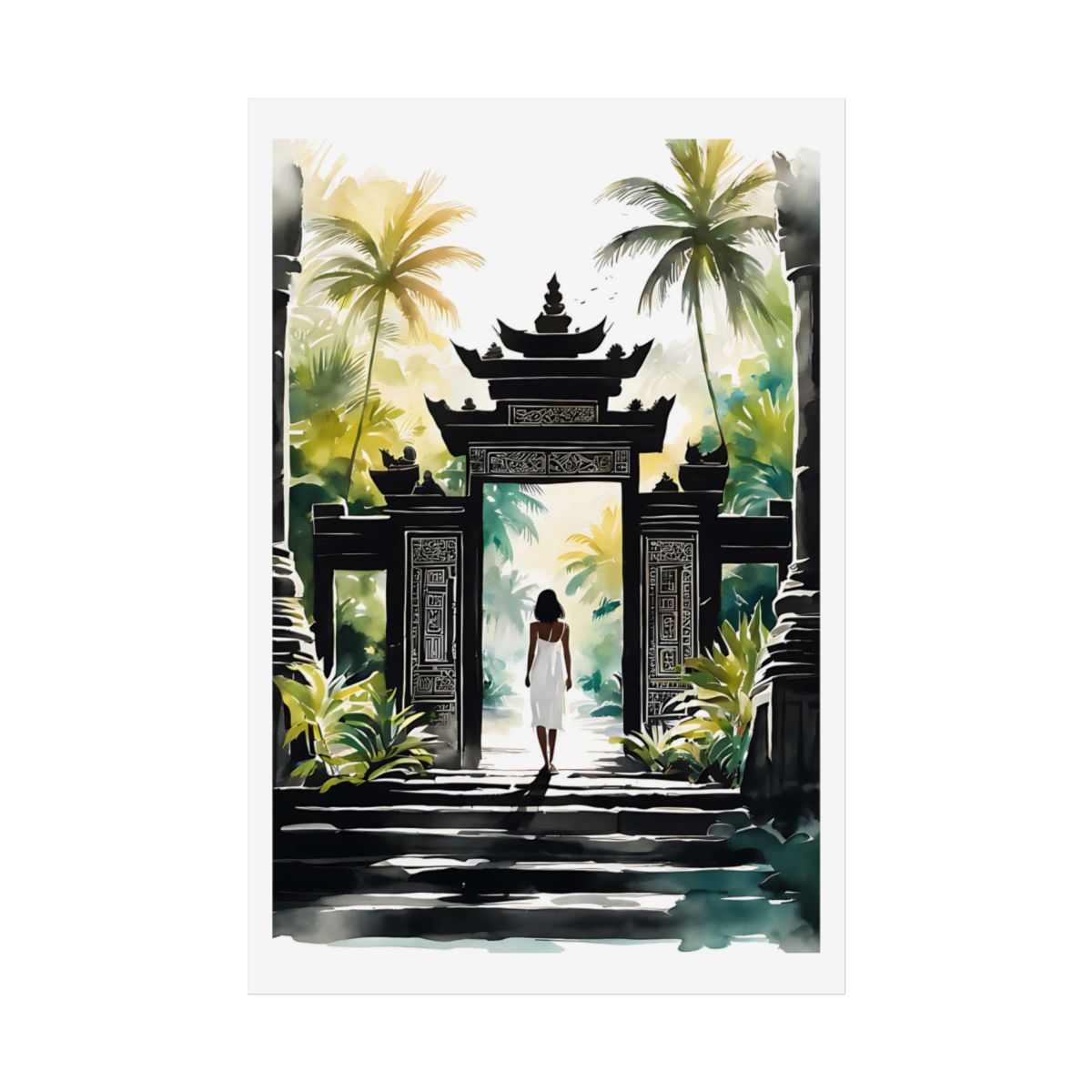 Steps to Serenity Balinese temple poster – front view watercolor wall art print