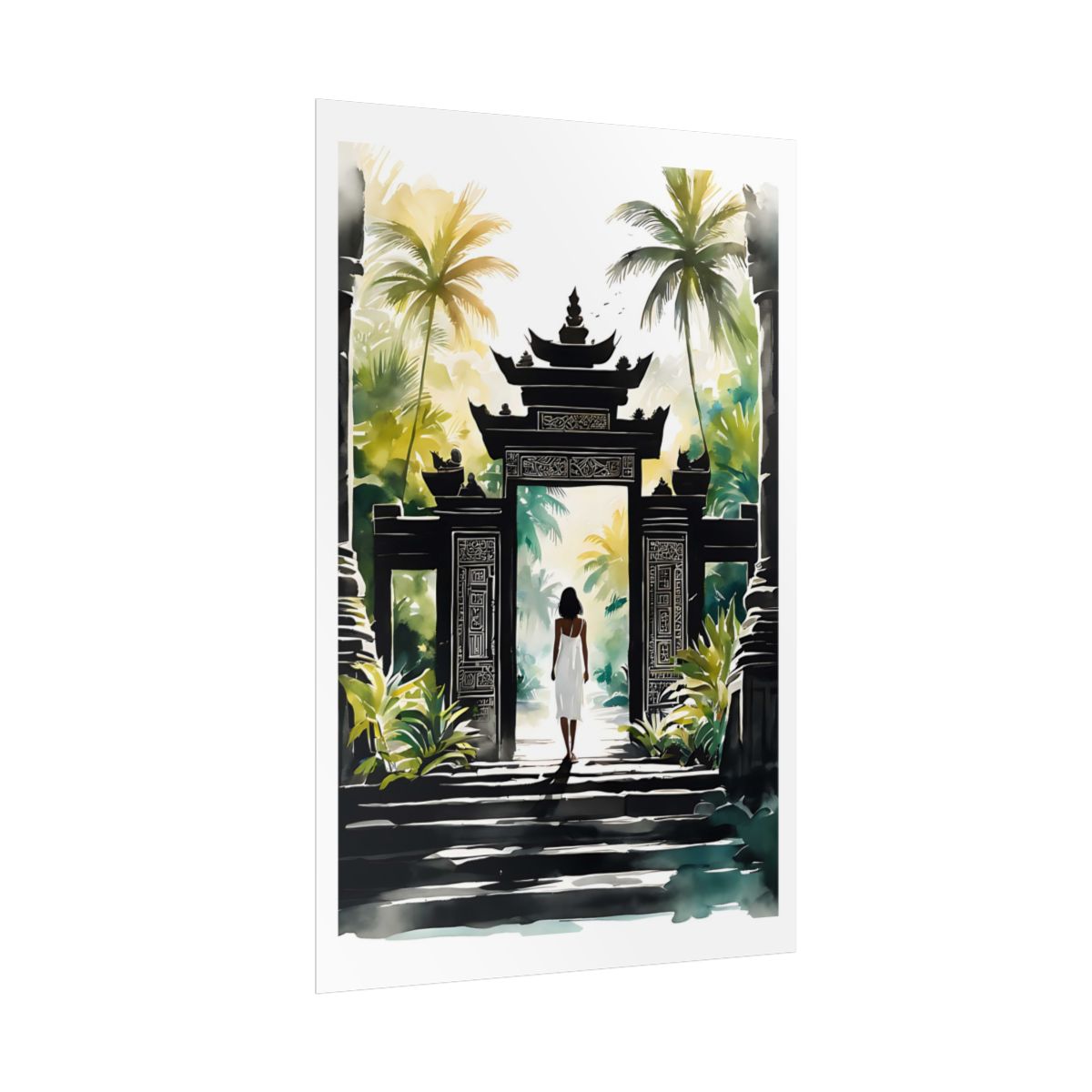 Steps to Serenity Balinese temple poster – side angle example watercolor wall art print