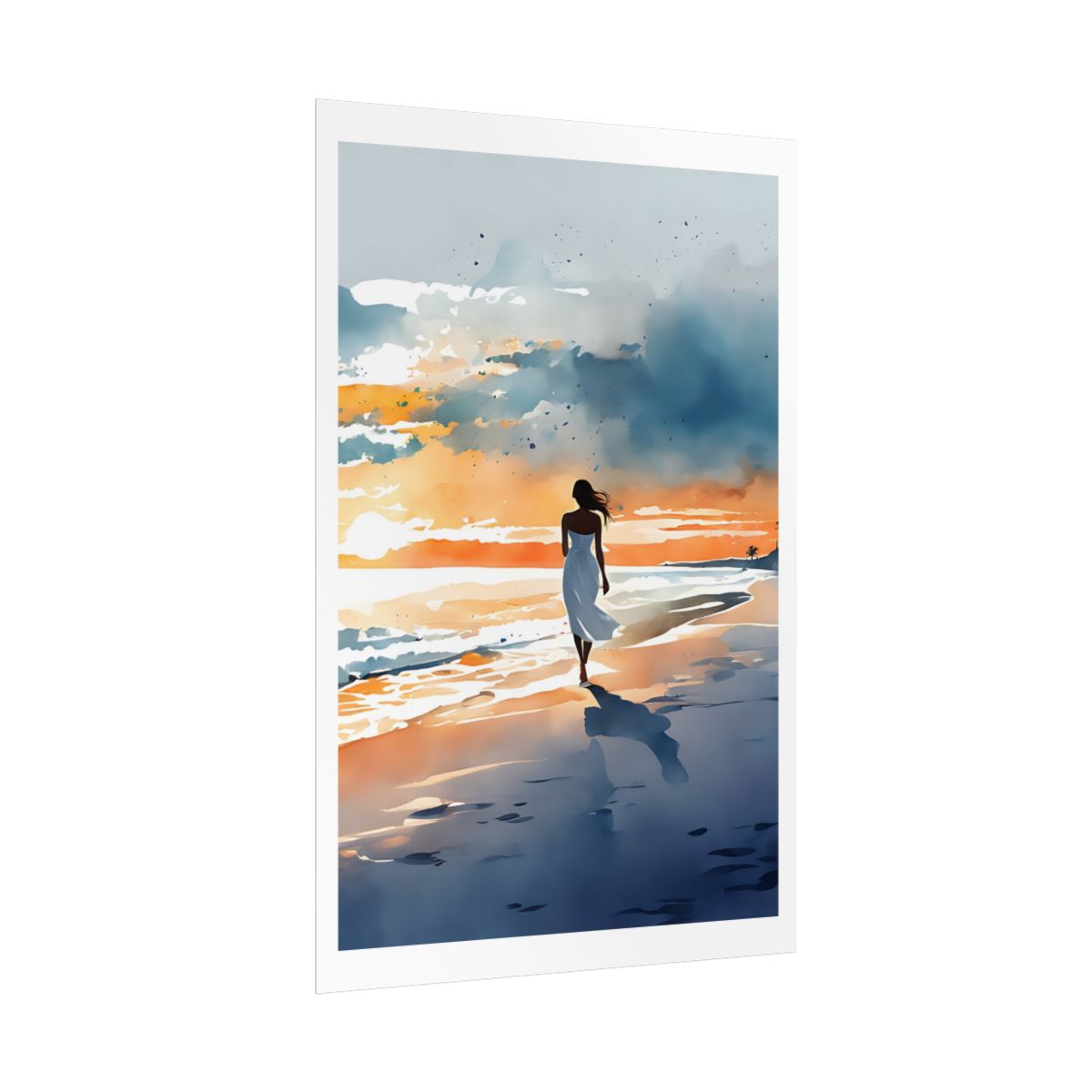 Stormy Sunset windswept beach poster – side angle example watercolor wall art print
