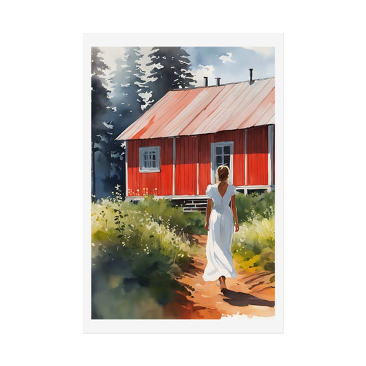 Summer at the Red Cottage Swedish cabin poster – front view watercolor wall art print